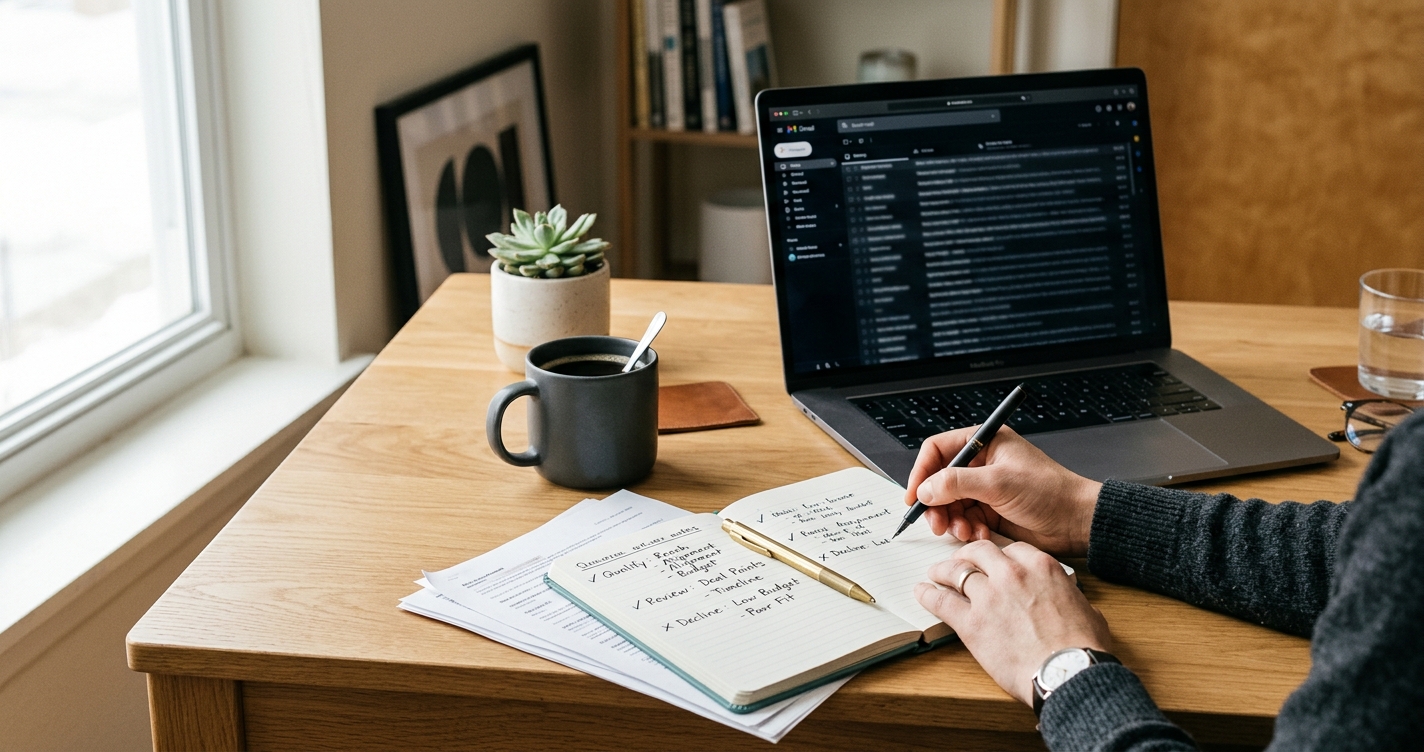 Creator workspace with laptop showing email inbox, handwritten sponsorship evaluation notes, and coffee on a warm oak desk, representing how to evaluate sponsorship emails