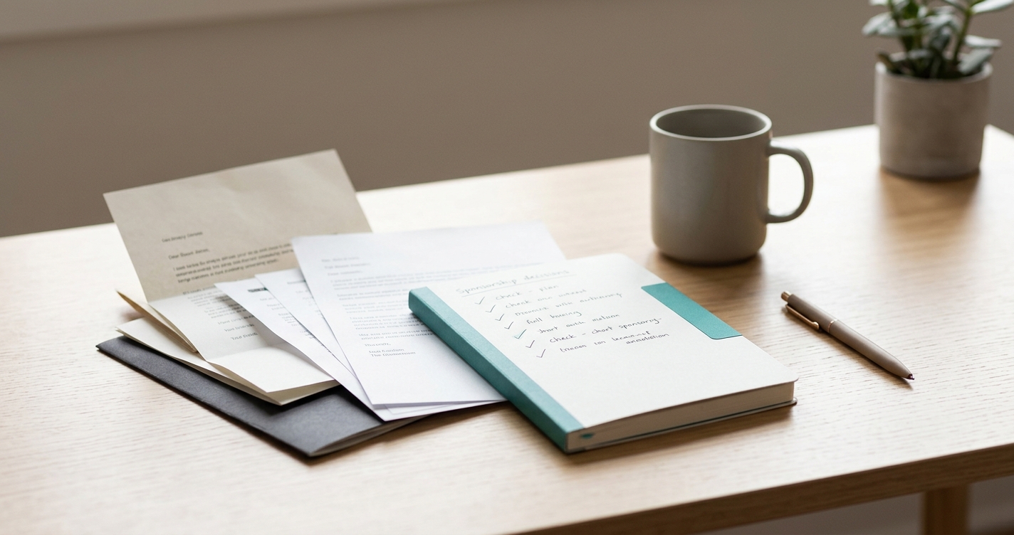 Creator workspace with annotated notebook and sponsorship emails on a wooden desk, representing how to evaluate sponsorship emails with a structured triage approach