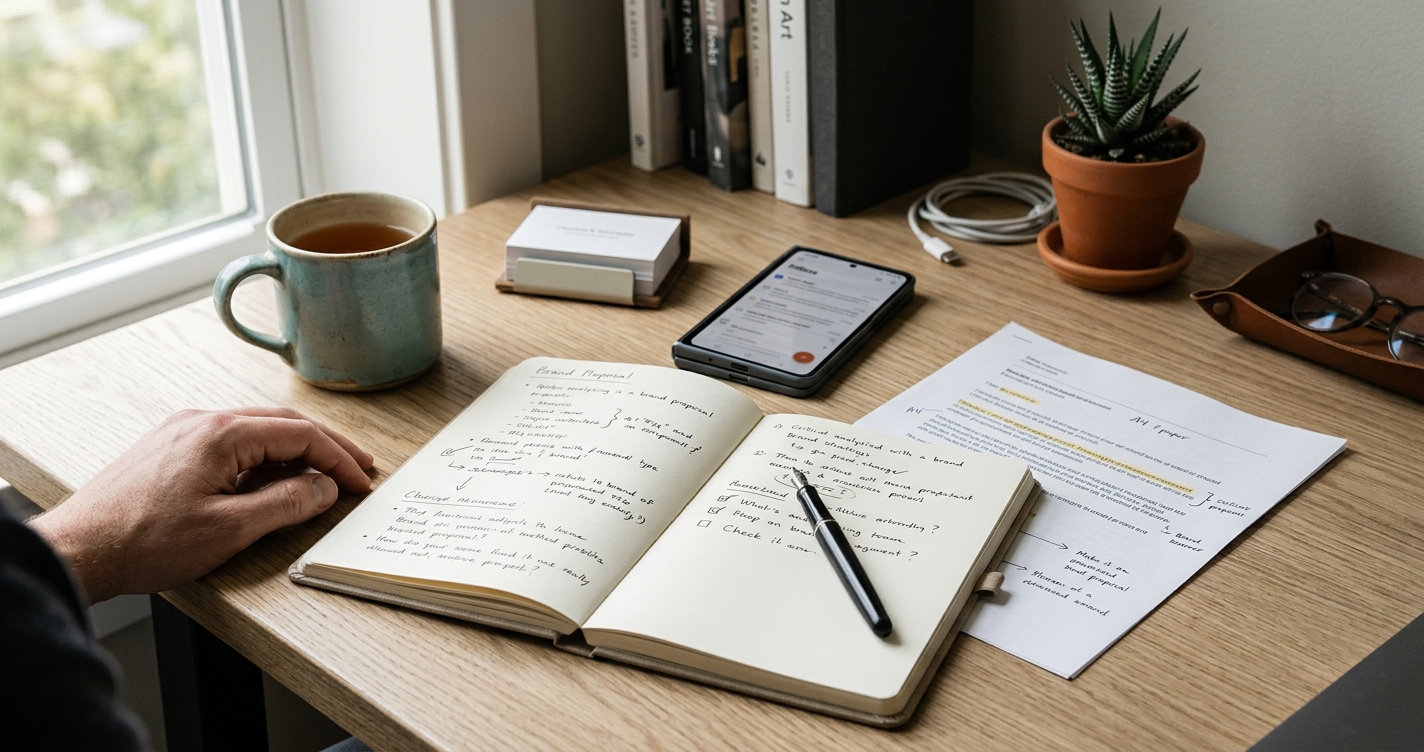 Creator workspace with structured notes and a printed email on a wooden desk, representing the brand deal worth it decision process