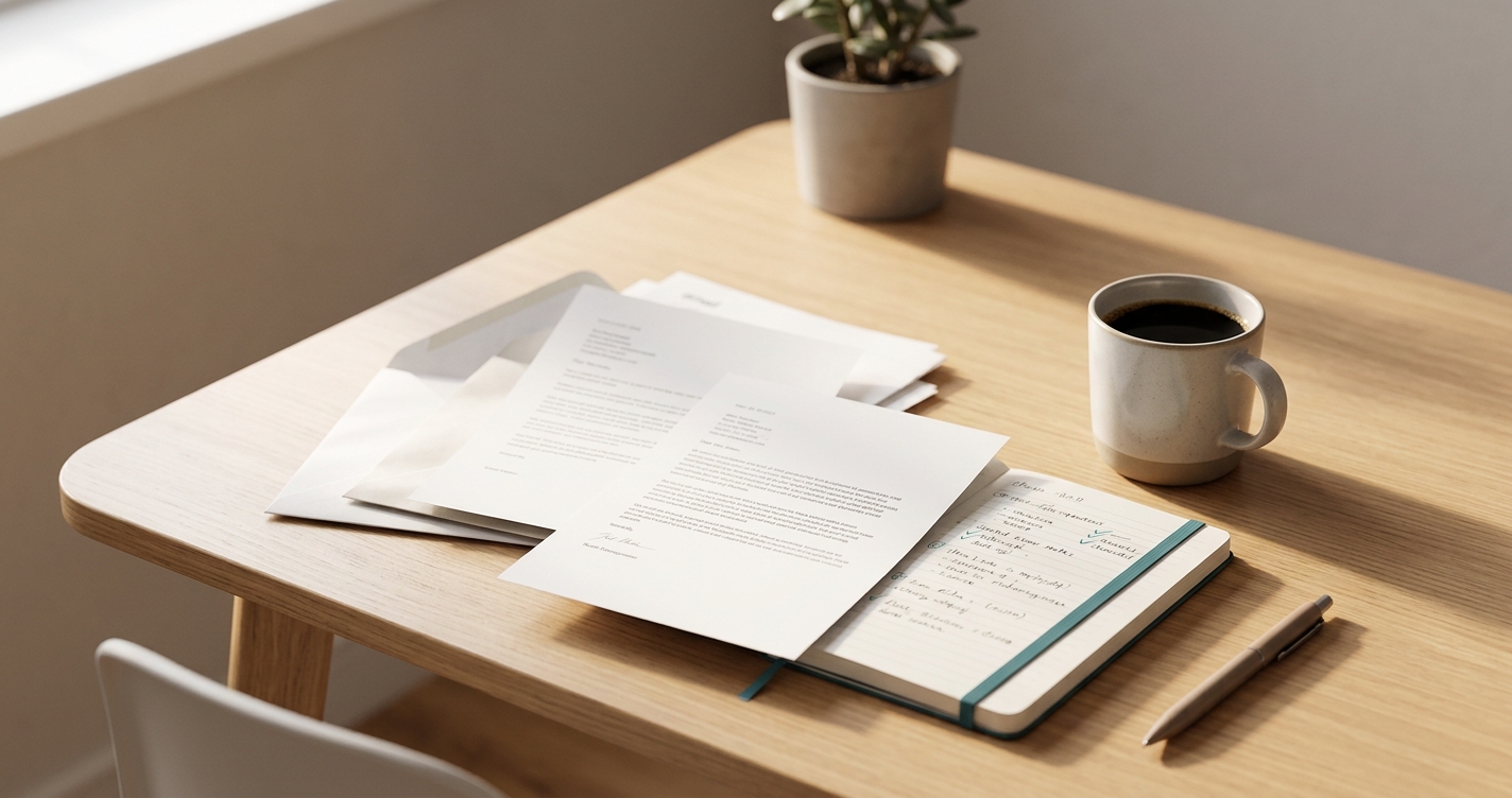Creator workspace with sponsorship emails and a checklist notebook showing how to evaluate sponsorship emails with a calm editorial atmosphere