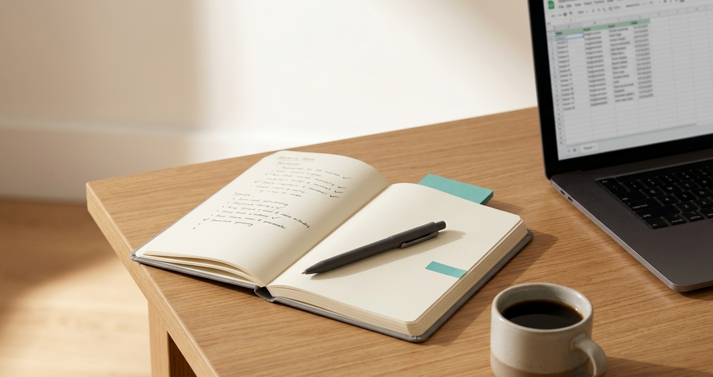 Creator workspace with open notebook and checklist for evaluating whether a brand deal is worth it, warm natural light on a wooden desk