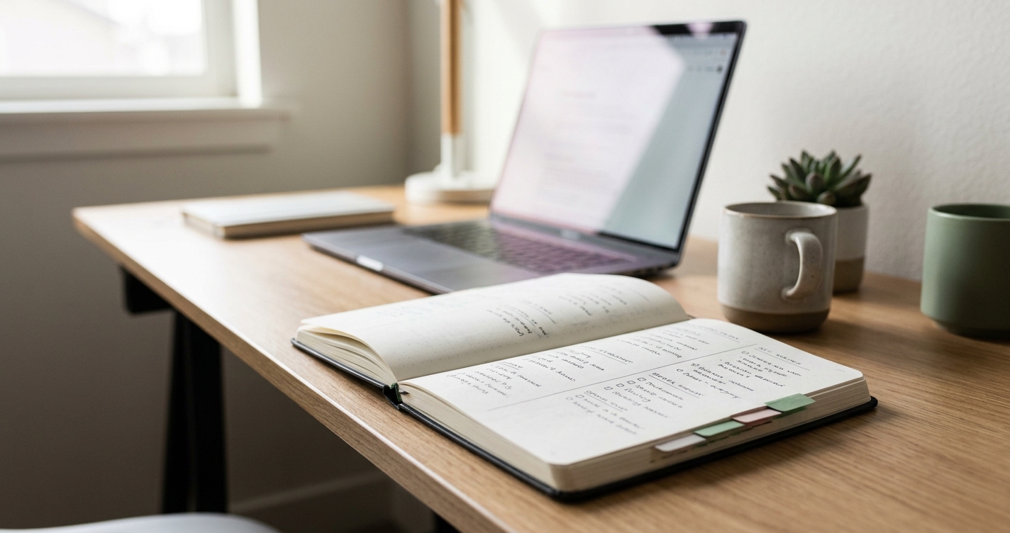Creator workspace with notebook and laptop for evaluating whether a brand deal is worth it, showing structured decision-making process