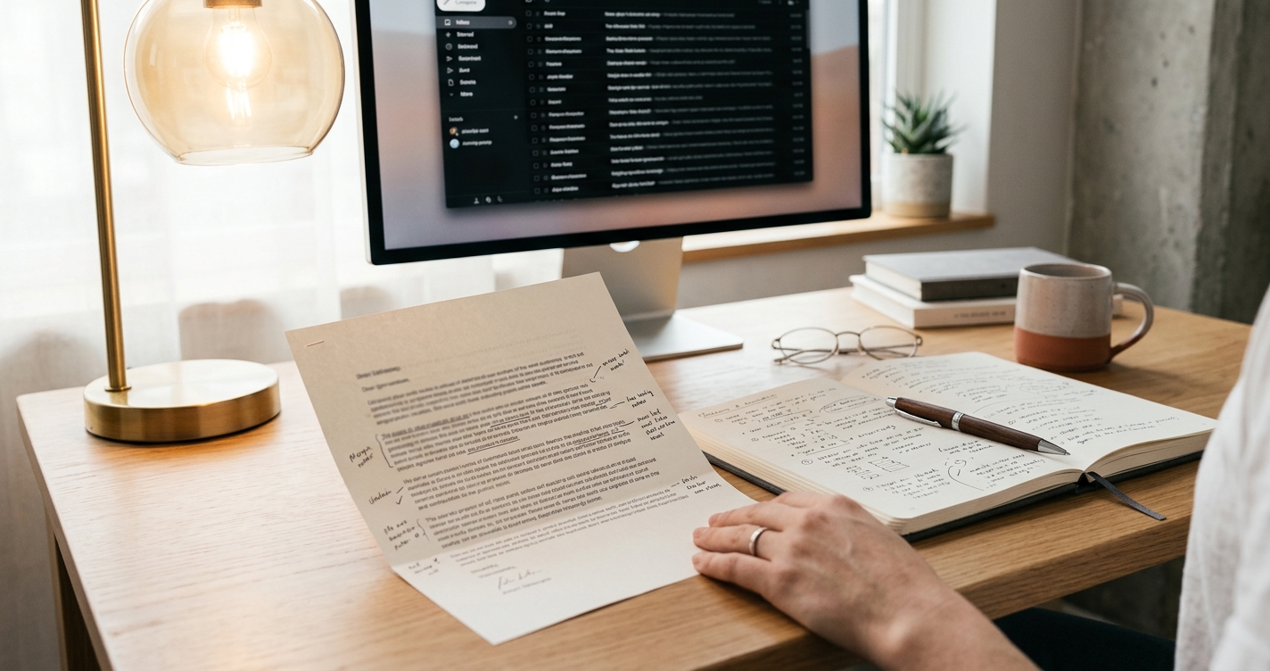 Creator workspace with a printed email and handwritten review notes on a warm wood desk, representing the process of evaluating a fake brand deal email